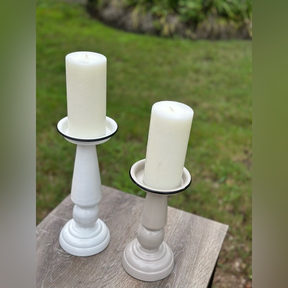 White Enamel Pillar 2 pc Candle Holders with Black Trim - Picture 2 of 8